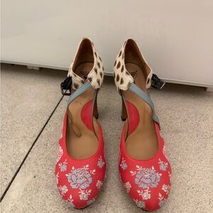 John Fluevog Red Floral Embroidered Heels with Patterned Ankle Strap